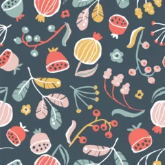 Foto auf Glas Creative floral seamless pattern in sketch style. Vector hand drawn illustration of blooming flowers and herbs in limited pastel palette. Abstract background for printing textile, packaging, fabric. © Світлана Харчук