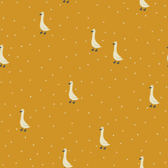 Fototapeta premium Geese seamless pattern. Cute cartoon characters in simple hand drawn style. Baby minimalistic vintage print in a limited baby pastel palette. Goose vector on a mustard polka dot background.