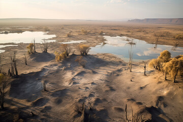 Aerial view of dead trees and lake in Danakil Depression - obrazy, fototapety, plakaty