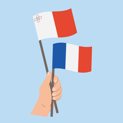 Flags of Malta and France, Hand Holding flags