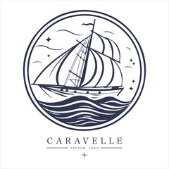 Caravelle on the water Logo vintage emblem. Old retro vector illustration marine navy icon.
