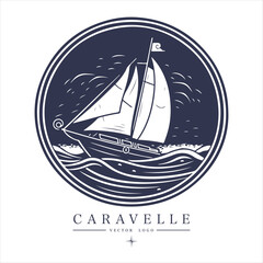Caravelle on the water Logo vintage emblem. Old retro vector illustration marine navy icon.