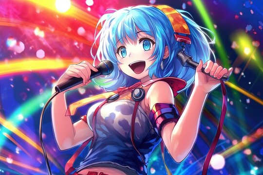 3d rendering generative ai blue hair anime Stock Illustration