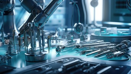 close-up of cleanroom robotics arm, with surgical tools and medical instruments