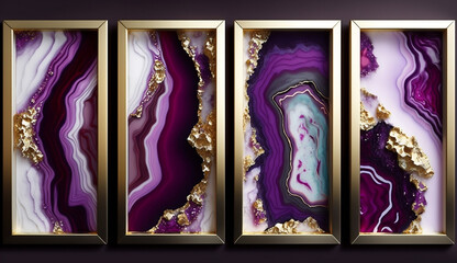 Wall frames, Golden and Purple (spangle, mythical, concord, grape, ruby shade, kismet) liquid marble, Generative AI