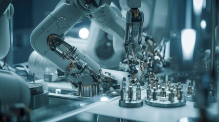 close-up of cleanroom robotics arm, with surgical tools and medical instruments