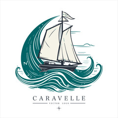 Caravelle on the water Logo vintage emblem. Old retro vector illustration marine navy icon.