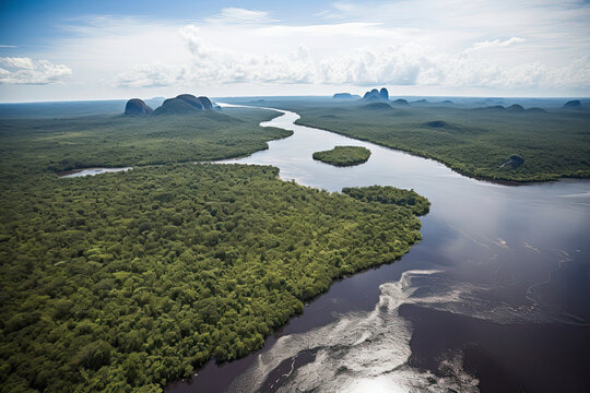 View from above, stunning aerial view of a river flowing through a green tropical forest