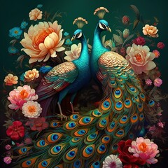 Obraz premium bright color floral with exotic oriental pattern flowers and peacocks illustration background. 3d abstraction wallpaper for interior mural wall art decor.