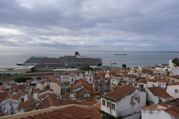 Luxury ocean liner cruiseship cruise ship Victoria or Elizabeth in port of Lisbon, Portugal during...