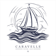 Caravelle on the water Logo vintage emblem. Old retro vector illustration marine navy icon.