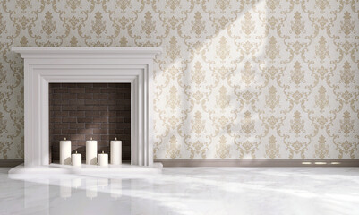 White mantel fireplace, candle on hearth, brown brick back in sunlight, shadow on gold classic...