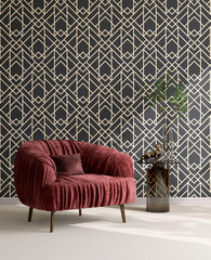 Maroon red pleated velvet fabric cushion armchair, wooden leg, glass side table in sunlight on...