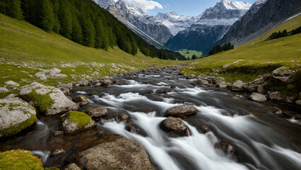 Fototapeta premium panoramic view of a small river running though swiss alps mountains with some trees and snowy mountains in background, generative AI