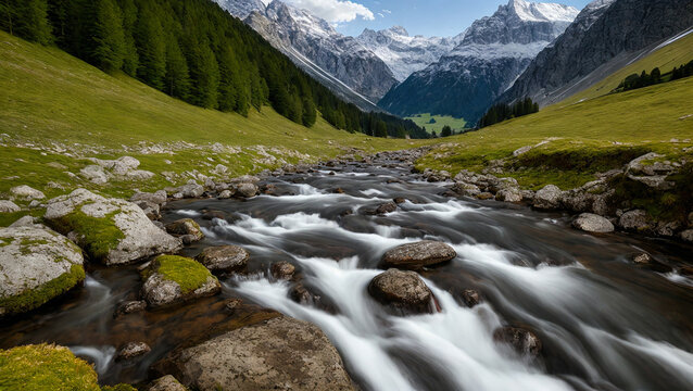 panoramic view of a small river running though swiss alps mountains with some trees and snowy mountains in background, generative AI