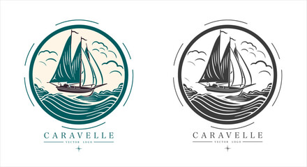 Caravelle on the water Logo vintage emblem. Old retro vector illustration marine navy icon.