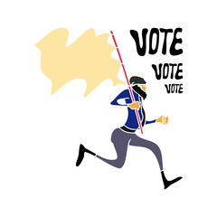 colorful illustration of a person running carrying a flag with Vote typography