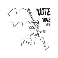 line art illustration of a person running carrying a flag with Vote typography