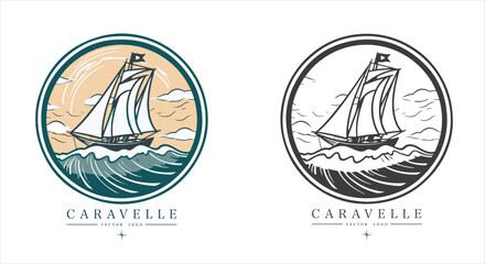 Caravelle on the water Logo vintage emblem. Old retro vector illustration marine navy icon.