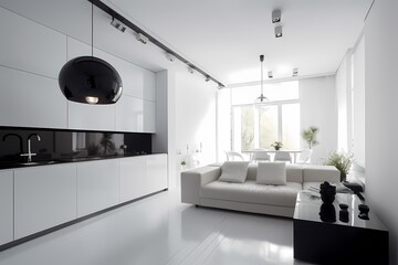 Obraz na płótnie Canvas Realistic 3D render beautiful morning in a modern kitchen room minimalist black and white