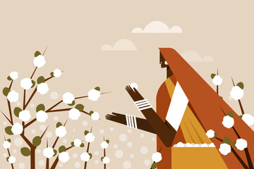 Illustration of a farmer woman plucking cotton from the farm