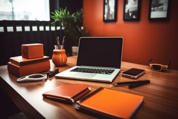 Orange office workspace with desk, laptop, and writing utensils. Generative AI