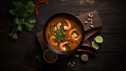 Fototapeta na wymiar Tom yum kung, spicy thai soup with shrimp in a black bowl, top view, ai illustration 
