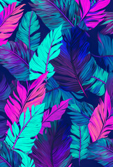 Fototapeta na wymiar Seamless pattern tropical background, illustration of exotic summer leaf and plants in vivid colorful colors, flat lay. Illustration, Generative AI.