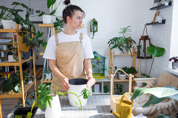 Woman in an apron holds a pot with a double bottom and automatic watering for planting rooted...