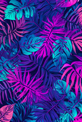 Seamless pattern tropical background, illustration of exotic summer leaf and plants in vivid colorful colors, flat lay. Illustration, Generative AI.