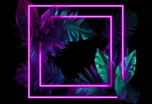Jungle creative neon light, cyber frame on fresh palm leaves with copy space. Urban, futuristic background concept. Flat lay. Illustration, Generative AI.