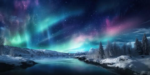 Fototapeta na wymiar Beautiful Sky with Aurora and Stars. Blue Northern Lights