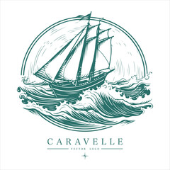 Caravelle on the water Logo vintage emblem. Old retro vector illustration marine navy icon.