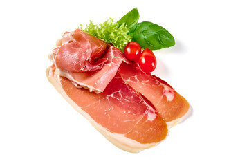 Spanish jamon iberico (serrano ham), isolated on white background. High resolution image.