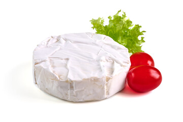 Fresh Camembert cheese. Sliced Brie cheese, isolated on white background.