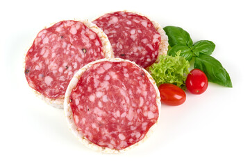 Milano salami sandwich, isolated on white background. High resolution image.