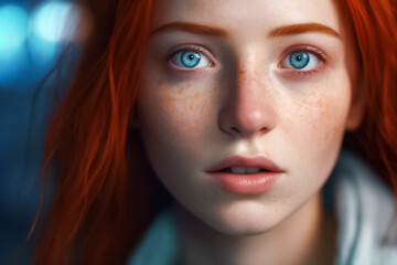 Fototapeta premium With her piercing blue eyes, freckle face and luscious red locks, this hyperrealistic fantasy portrait of a woman is truly mesmerizing. generative AI