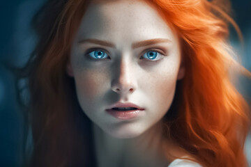 With her piercing blue eyes, freckle face and luscious red locks, this hyperrealistic fantasy portrait of a woman is truly mesmerizing. generative AI