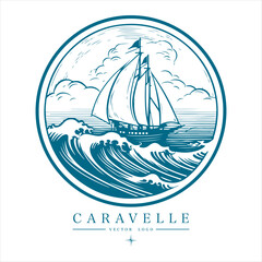 Caravelle on the water Logo vintage emblem. Old retro vector illustration marine navy icon.