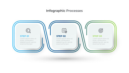 Vector Indographics. Processes label design with thin line and squares for 3 business steps, options.