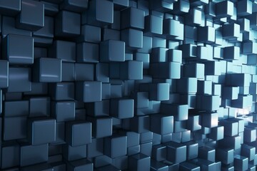 3D semi-gloss blocks arranged to form a futuristic tile wall. Rectangular background. Render. Generative AI
