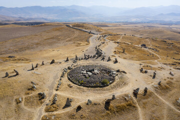 Aerial view of Carahunge (Zorats Karer) prehistoric archaeological site on sunny autumn day....