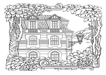 Romantic old town. Coloring Pages. Anti-stress colouring book. Vector.