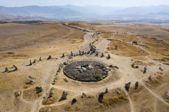 Aerial view of Carahunge (Zorats Karer) prehistoric archaeological site on sunny autumn day. Sisian, Syunik Province, Armenia.