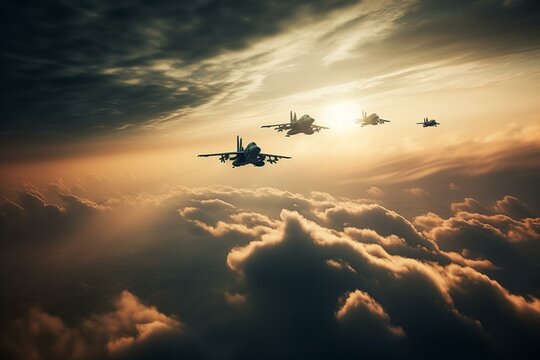 Fighter jets soaring above the clouds. Generative AI