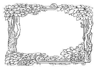 Botanical border with tropical plants. Outline floral frame. Vector