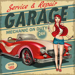 Vintage Garage poster with retro car and attractive girl.