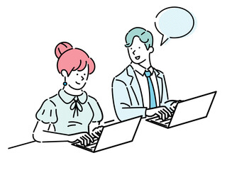An office worker man and woman sitting side by side and working on laptops.