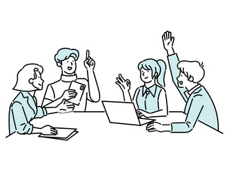 A group of office workers gathered in a conference room for a meeting. Man and woman 