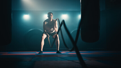 Fototapeta na wymiar Fitness athlete training using battle ropes intense workout